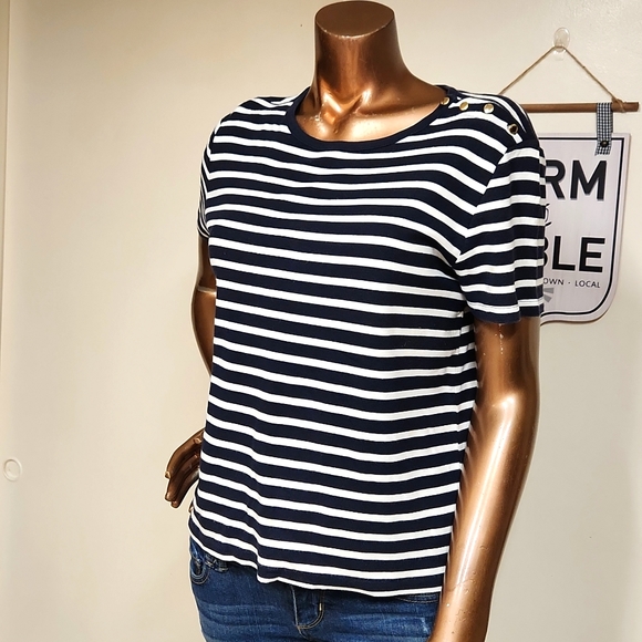 Chaps Tops - Chaps Navy & White Stripe T-shirt w/Button Accent. Size Large
